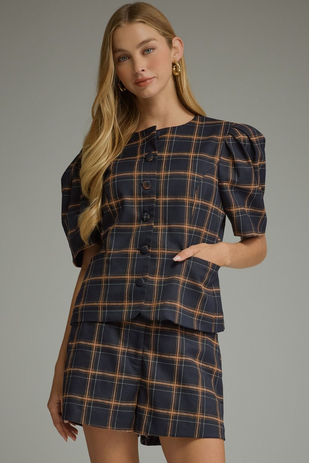 Briana Plaid Top - Navy