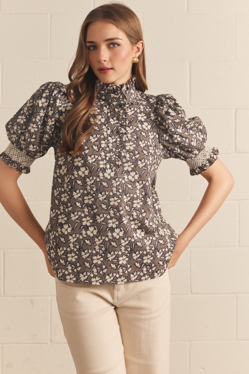 Celia Ruffle Neck Top Mocha Grey