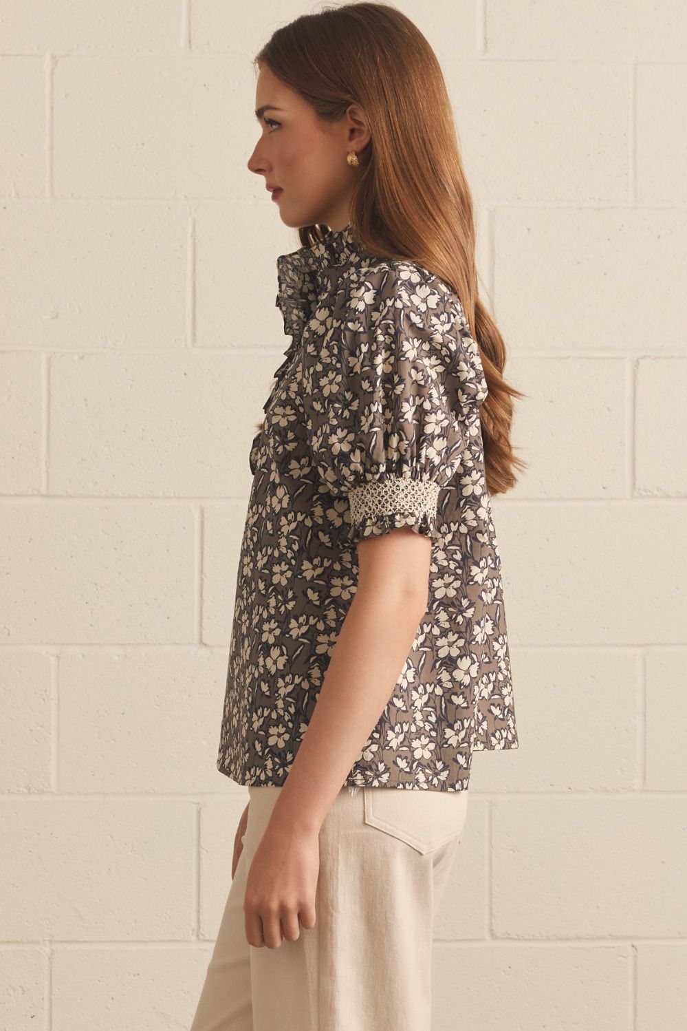 Celia Ruffle Neck Top Mocha Grey