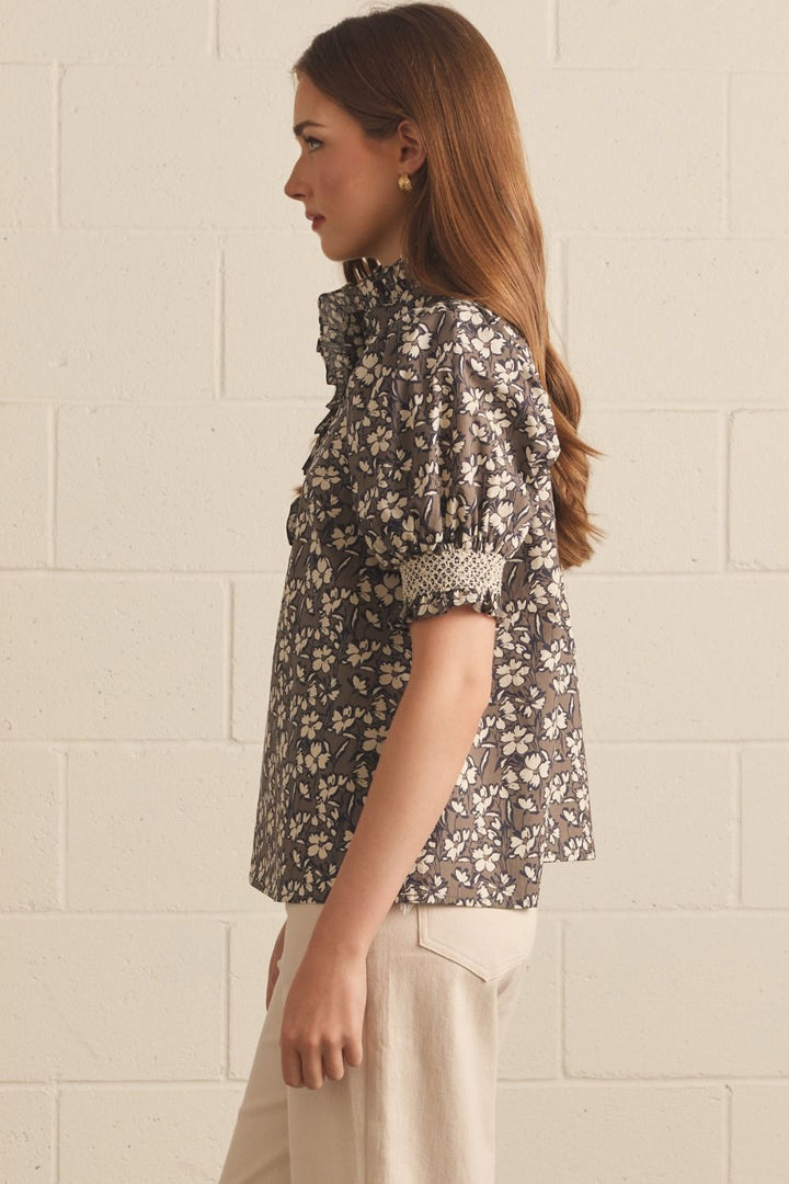 Celia Ruffle Neck Top Mocha Grey
