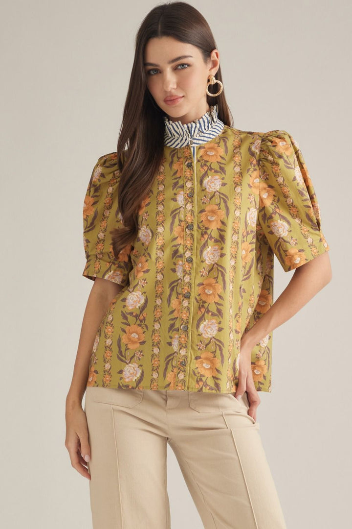 Isla Ruffle Collar Top - Olive