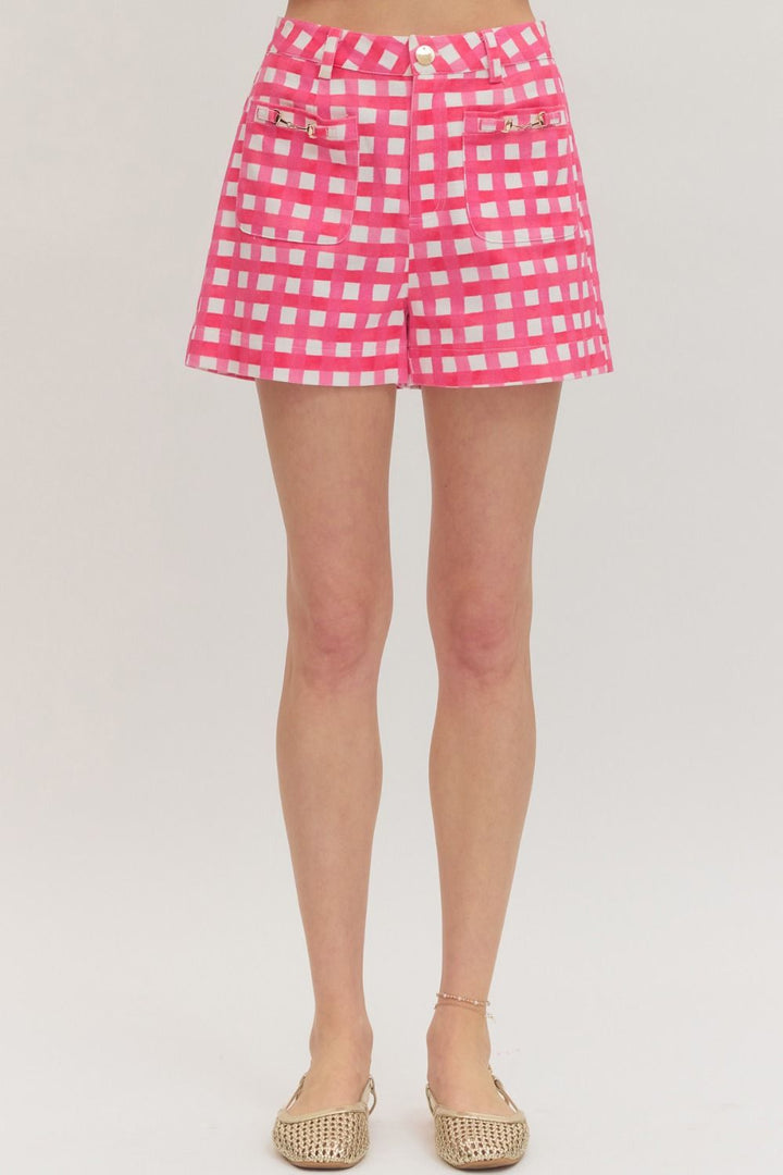 Pink Gingham Horsebit Pocket Shorts