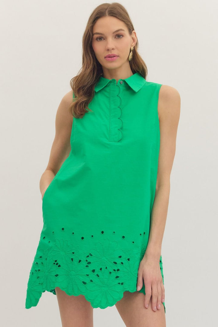 Green Sleeveless Eyelet Mini Dress