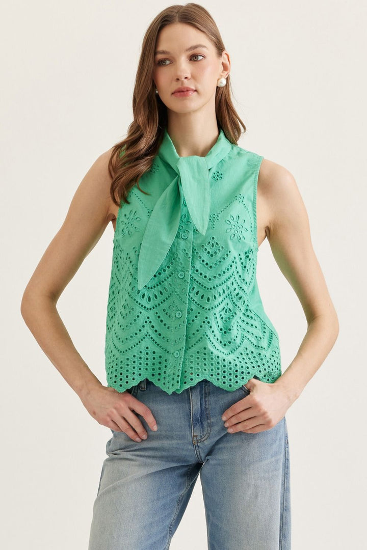 Matcha green sleeveless eyelet blouse with tie neck detail