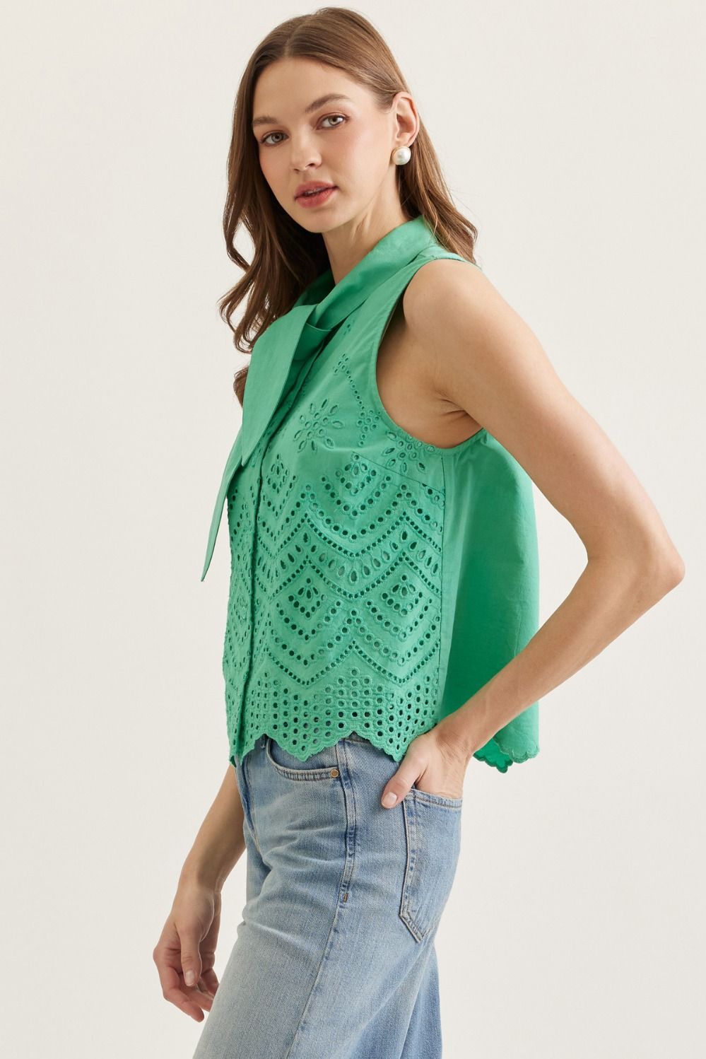 Women’s scalloped hem eyelet top in matcha green