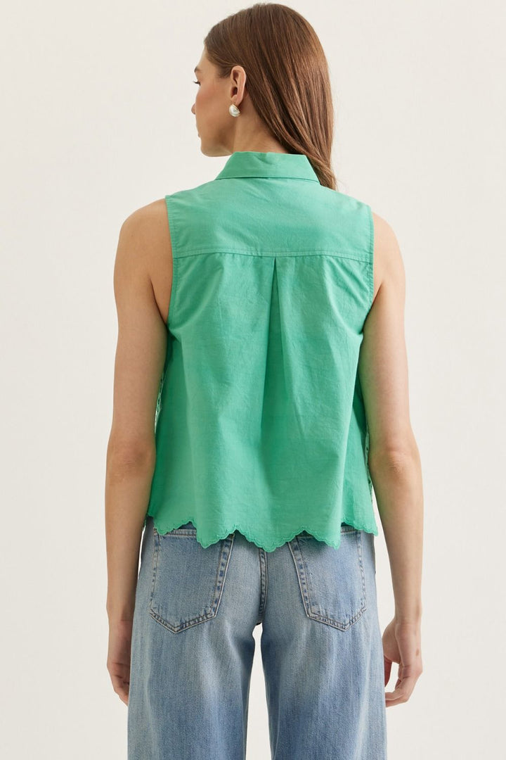 Matcha Eyelet Tie-Neck Sleeveless Blouse