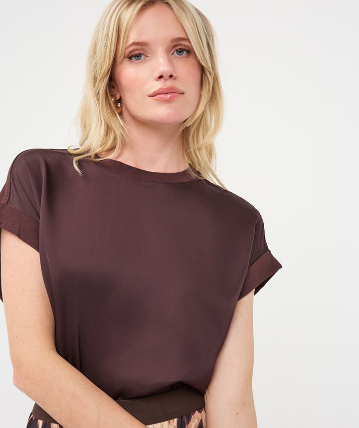 Satin Rolled Sleeve Top Cacao