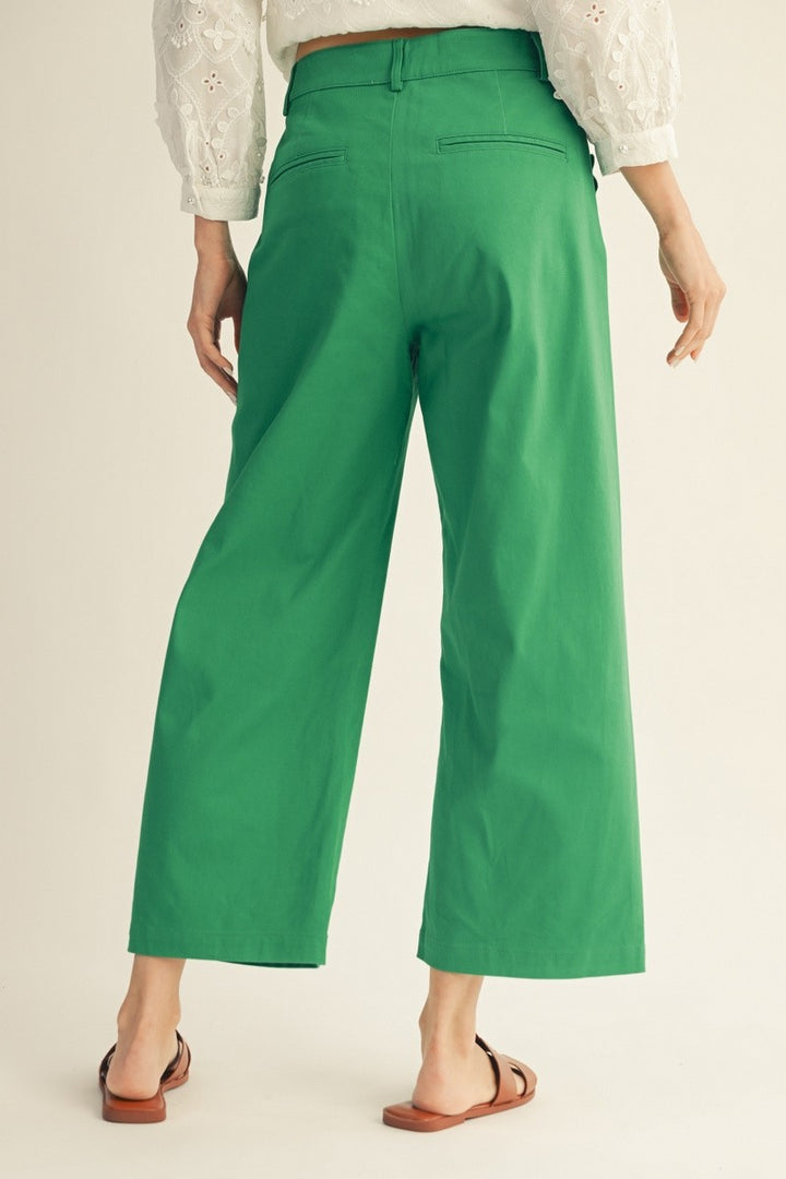 Green Scallop Pocket High Rise Wide Leg Pants