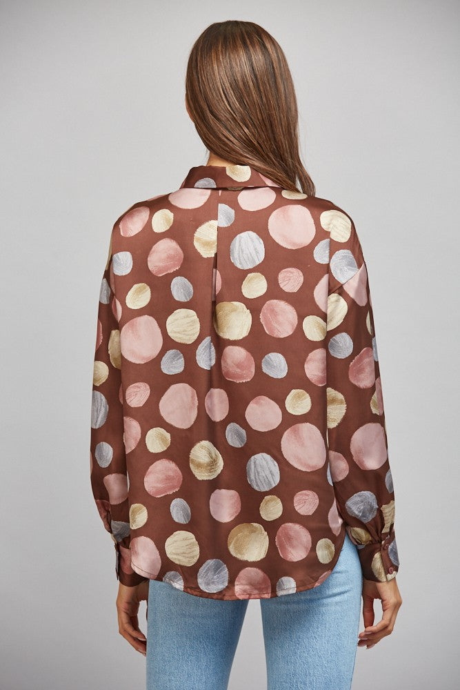 Satin Polka Dot Blouse - Brown Multi