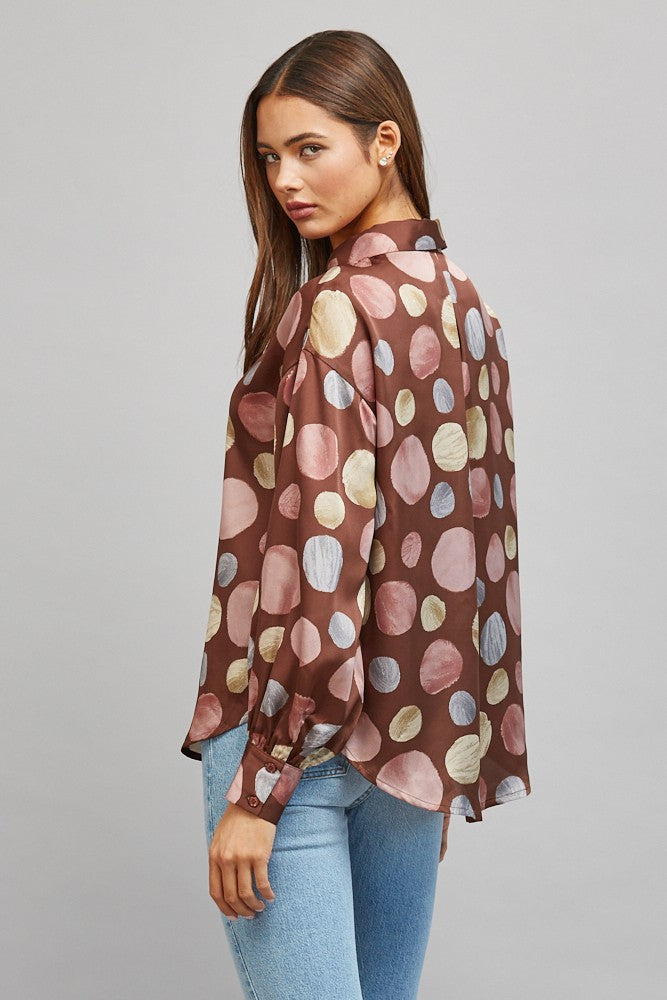 Satin Polka Dot Blouse - Brown Multi