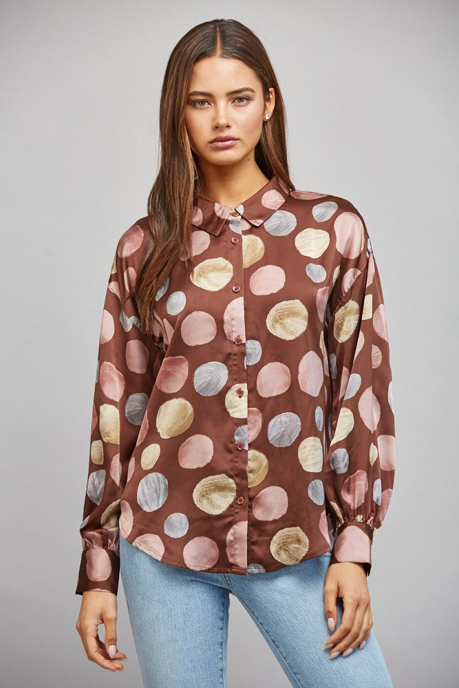 Satin Polka Dot Blouse - Brown Multi