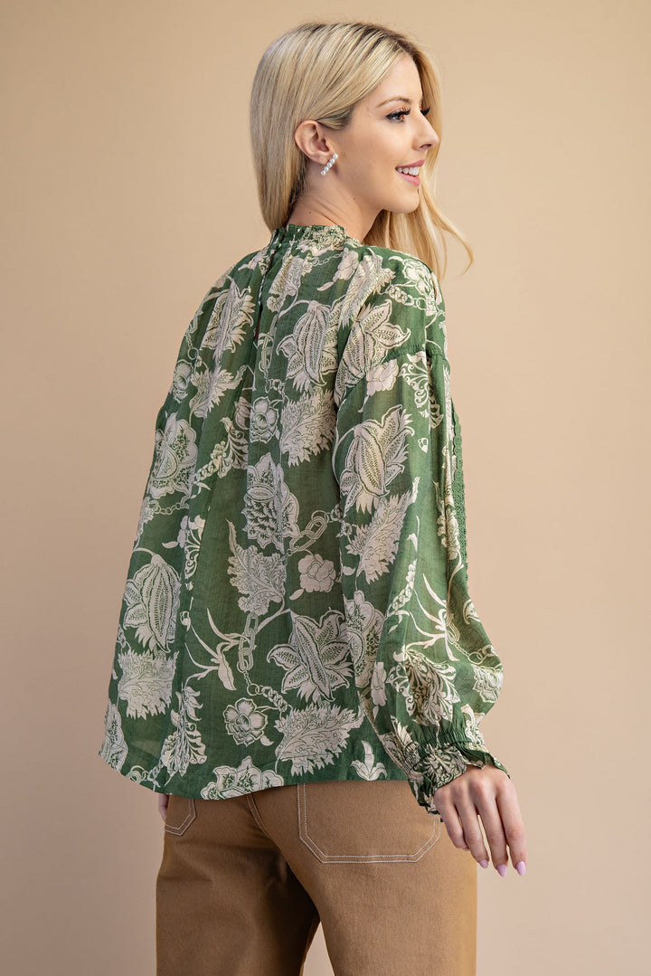 Floral High Neck Blouse - Moss Green Mix
