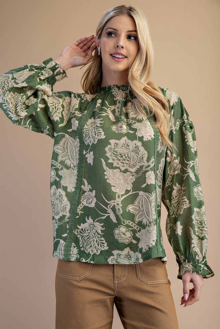 Floral High Neck Blouse - Moss Green Mix
