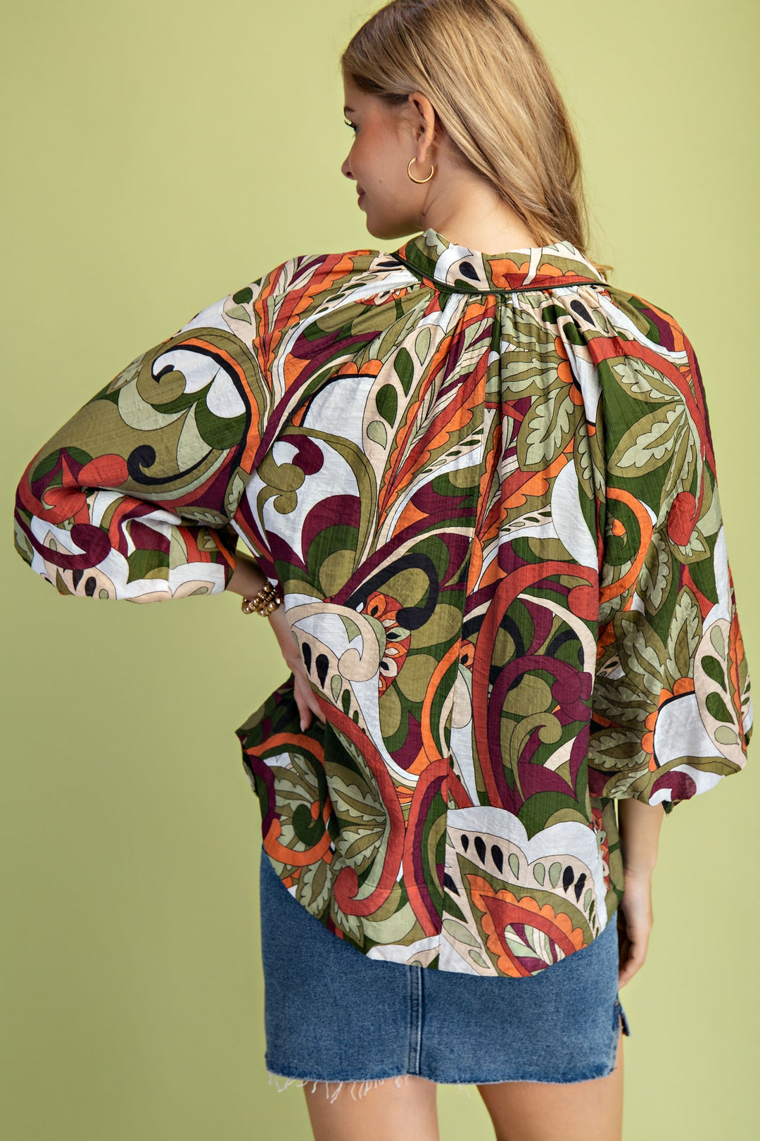 Mixed Print Puff Sleeve Top – Olive Mix