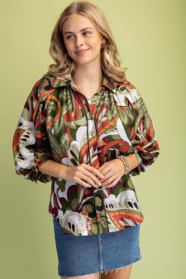 Mixed Print Puff Sleeve Top – Olive Mix