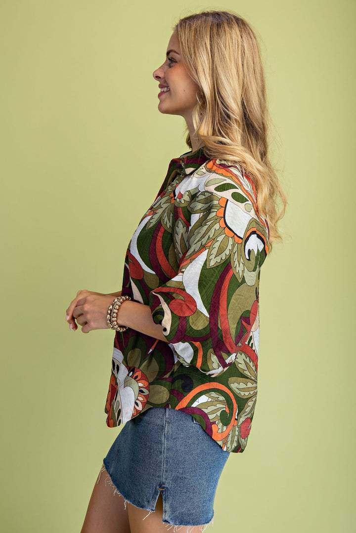 Mixed Print Puff Sleeve Top – Olive Mix