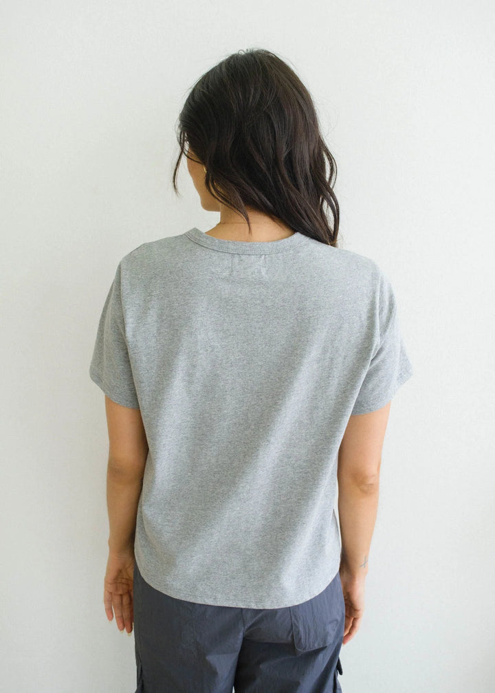 Casual grey short sleeve top styled with denim