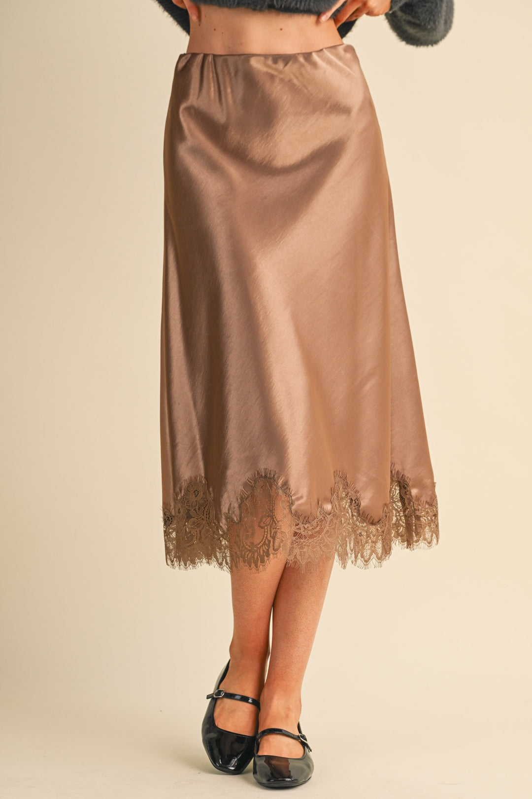 Satin &amp; Lace Midi Skirt – Espresso