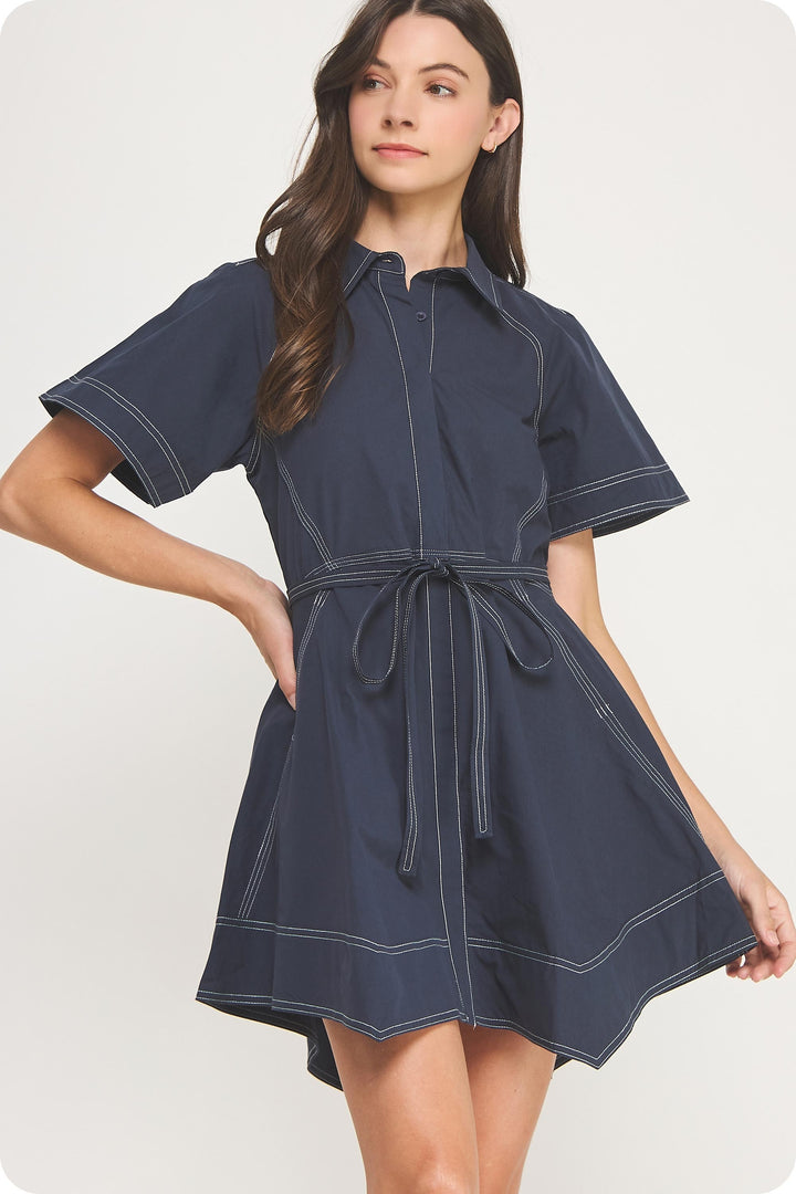Mia Contrast Stitch Belted Mini Dress