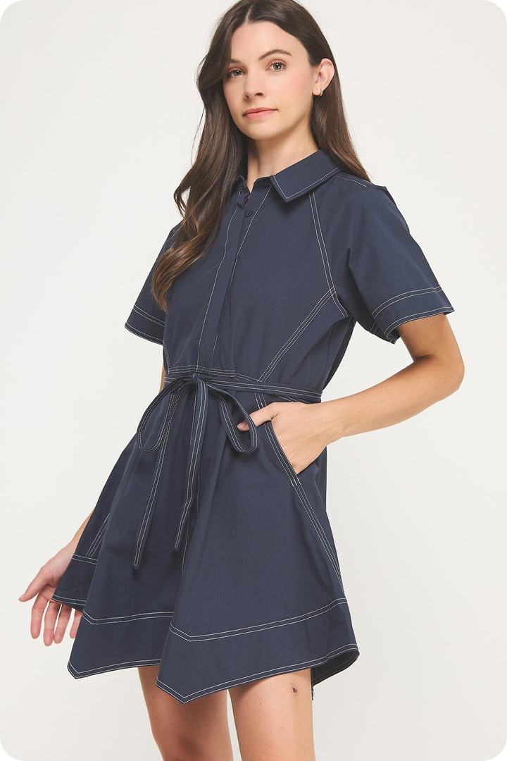 Mia Contrast Stitch Belted Mini Dress