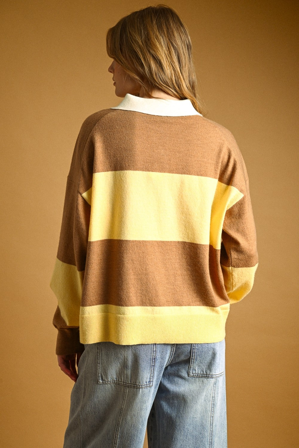 Color Block Collared Sweater Top - Butter/Brown