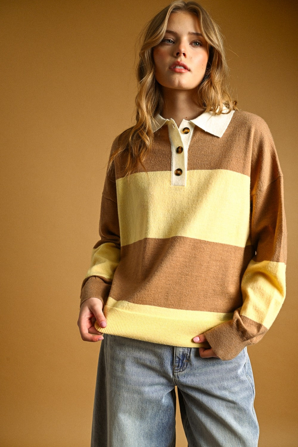 Color Block Collared Sweater Top - Butter/Brown