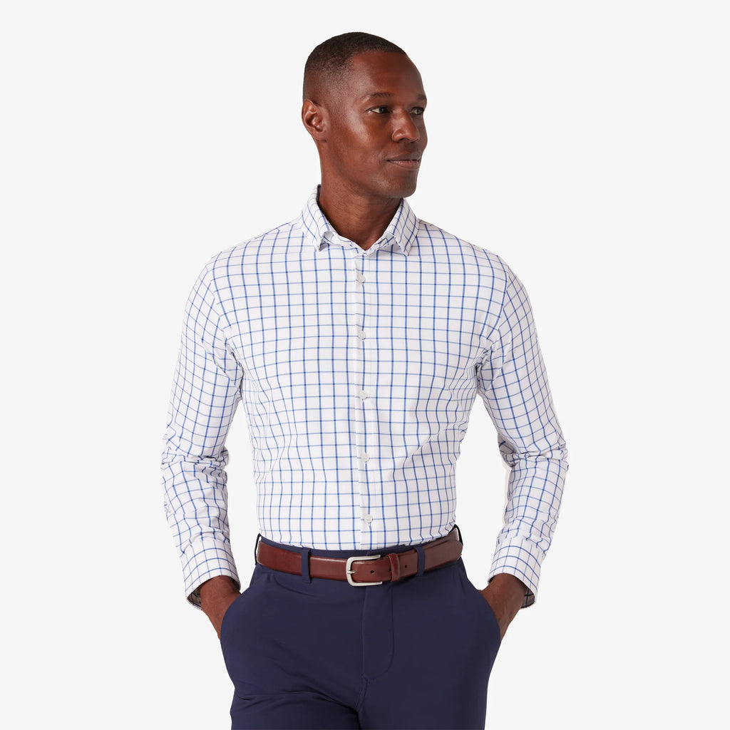 leeward formal dress shirt Mizzen + Main LS in White Navy Windowpane fabric for dress shiny