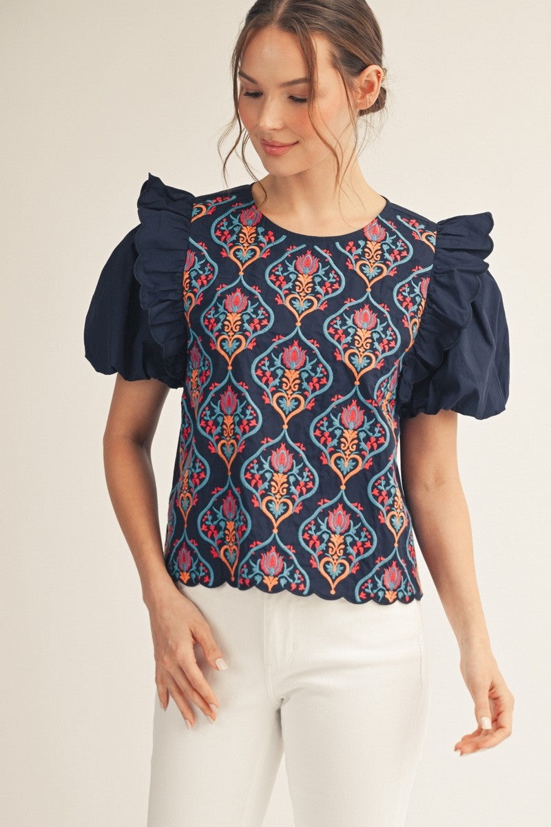Baroque Embroidered Top – Navy