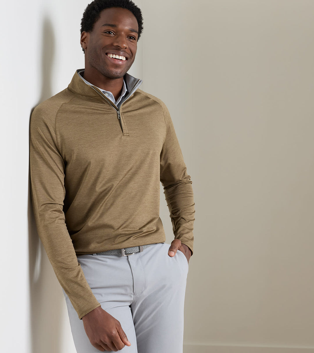 Peter Millar Stealth Perf 1/4 Zip - Lt Mocha