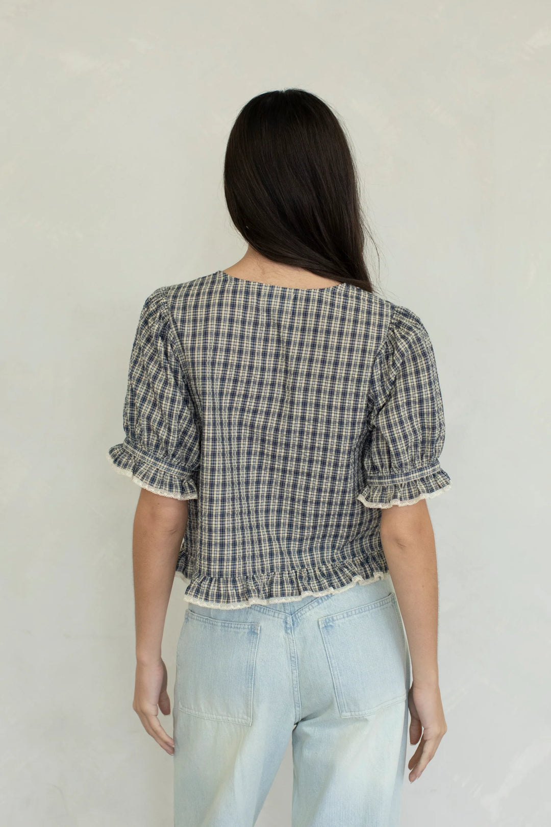 Colleen Ruffle Trim Plaid Blouse