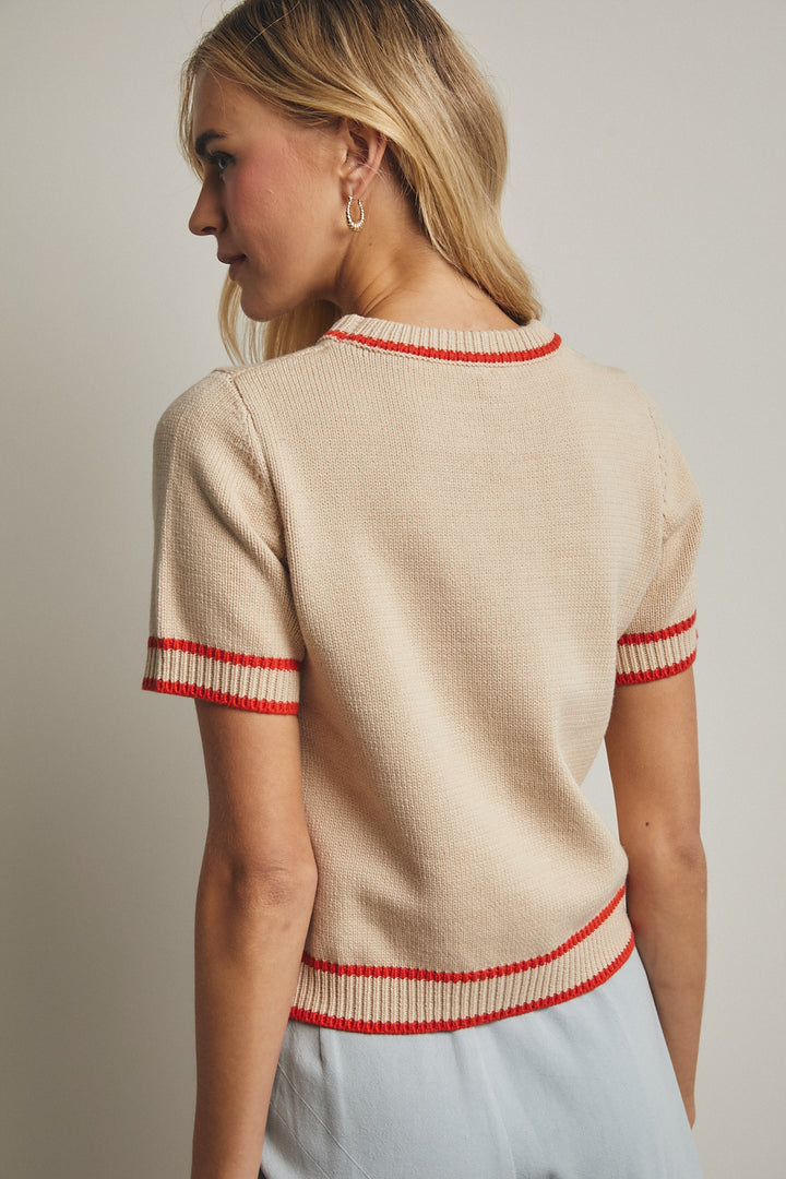 Poppy Trim Short Sleeve Knit Sweater