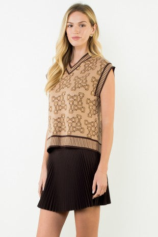 Bow Print Sweater Vest - Brown