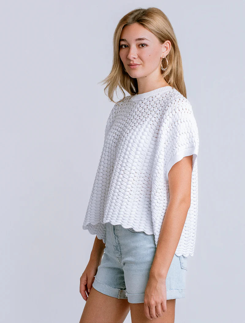 White Textured Knit Short Sleeve Top