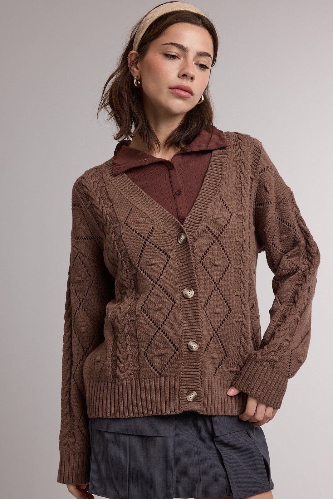 Diamond Pattern Cardigan - Smocky Brown