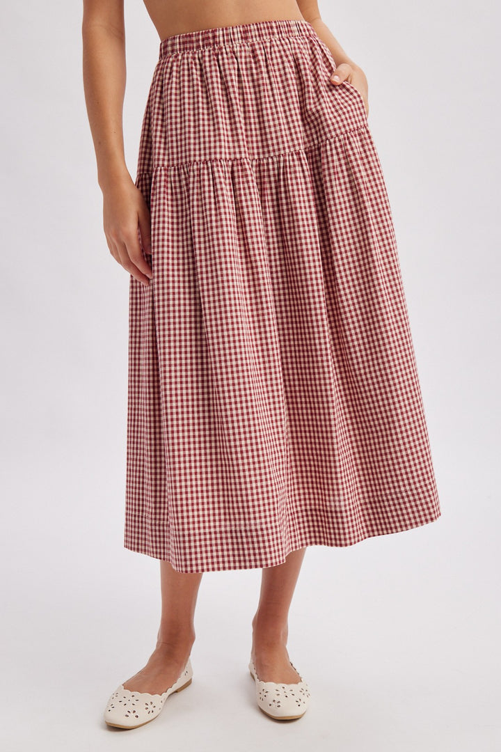 Gingham Tiered Skirt - Red/Natural