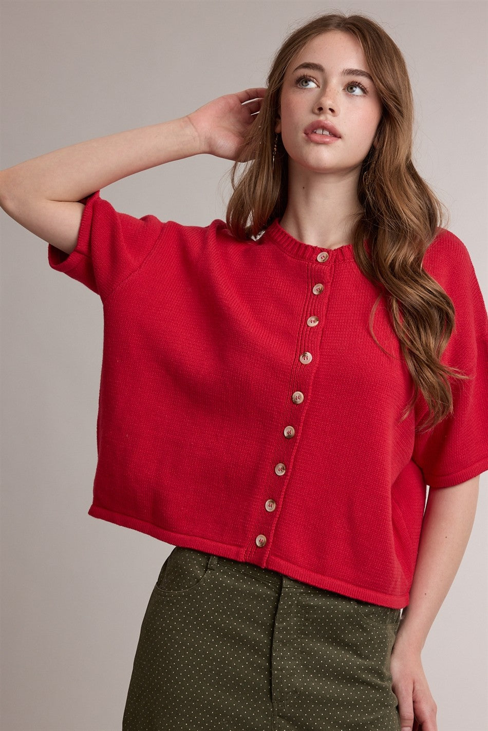 Short Sleeve Cardigan - Red