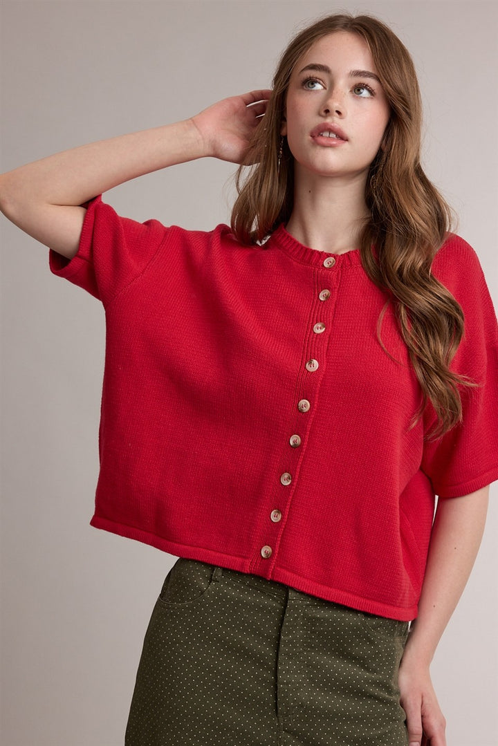 Short Sleeve Cardigan - Red